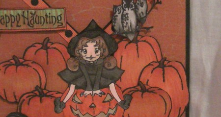 Here is a criss cross card that can also be a treat holder that I created using one of my favorite stamps. I just love this little witch sitting on top of her pumpkin. All of the pumpkins and image were colored with Copics. I hope you like my little card/treat holder.